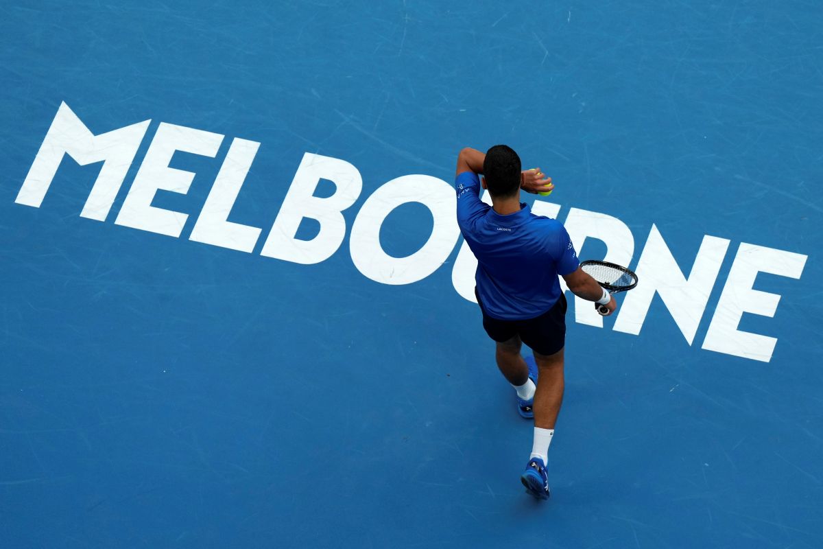 Novak Djokovic of Serbia reacts during a fourth round match against Jiri Lehecka of the Czech Republic at the Australian Open tennis championship in Melbourne, Australia, Sunday, Jan. 19, 2025. (AP Photo/Asanka Brendon Ratnayake)