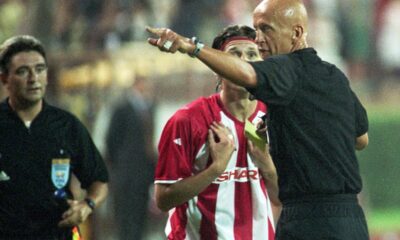 FUDBAL - PIERLUIGI COLLINA - Pjerluidji Kolina, italijanski sudija na utakmici kvalifikacija za Ligu sampiona Crvena zvezda protiv PSV Ajndhovena, i MARKO PANTELIC. Beograd, 11.08.2004. photo:T.Mihajlovic