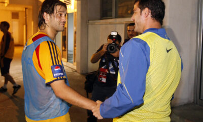 Dejan Stankovic fudbaler reprezentacije Srbije na treningu na stadionu CZ sa Cristian Chivu Kristijan Kivu iz Rumunije saigraci iz Intera Milano 09.10.2009. godine Foto: Marko Metlas