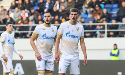 ANDREJ DJURIC i VELJKO MILOSAVLJEVIC fudbaleri Crvene zvezde na utakmici Superlige Prvenstva Srbije protiv TSC Backa Topola na stadionu TSC arena, Backa Topola 02.02.2025. godine Foto: MN PRESS Fudbal, Crvena zvezda, Superliga Prvenstvo Srbije, TSC Backa Topola