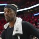 Miami Heat forward Jimmy Butler walks on the court after an NBA basketball game against the San Antonio Spurs, Sunday, Jan. 19, 2025, in Miami. (AP Photo/Lynne Sladky)