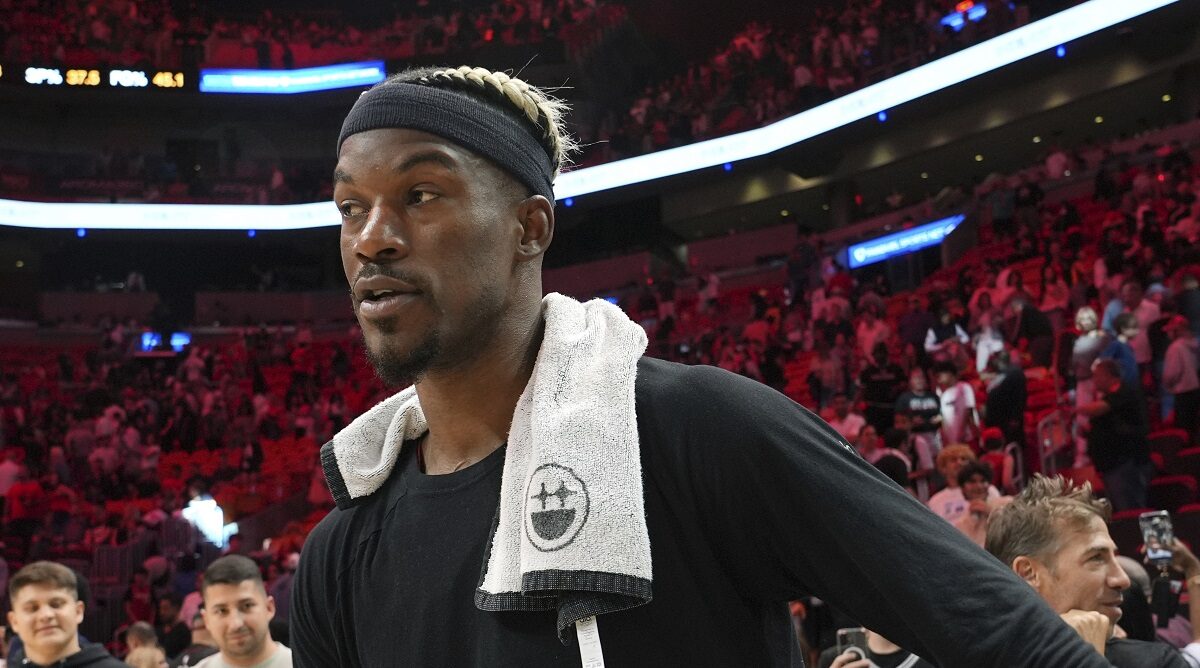 Miami Heat forward Jimmy Butler walks on the court after an NBA basketball game against the San Antonio Spurs, Sunday, Jan. 19, 2025, in Miami. (AP Photo/Lynne Sladky)