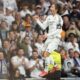 Real Madrid's Luka Modric celebrates after scoring the opening goal during the Spanish La Liga soccer match between Real Madrid and Girona at the Santiago Bernabeu stadium in Madrid, Spain, Sunday, Feb. 23, 2025. (AP Photo/Manu Fernandez)