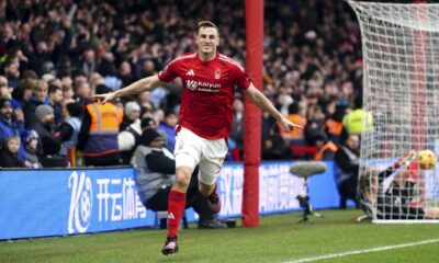 Nottingham Forest's Chris Wood celebrates after scoring his side's third goal of the game during the Premier League match between Brighton and Nottingham Forest at the City Ground, Nottingham, England, Saturday Feb. 1, 2025. (Mike Egerton/PA via AP)