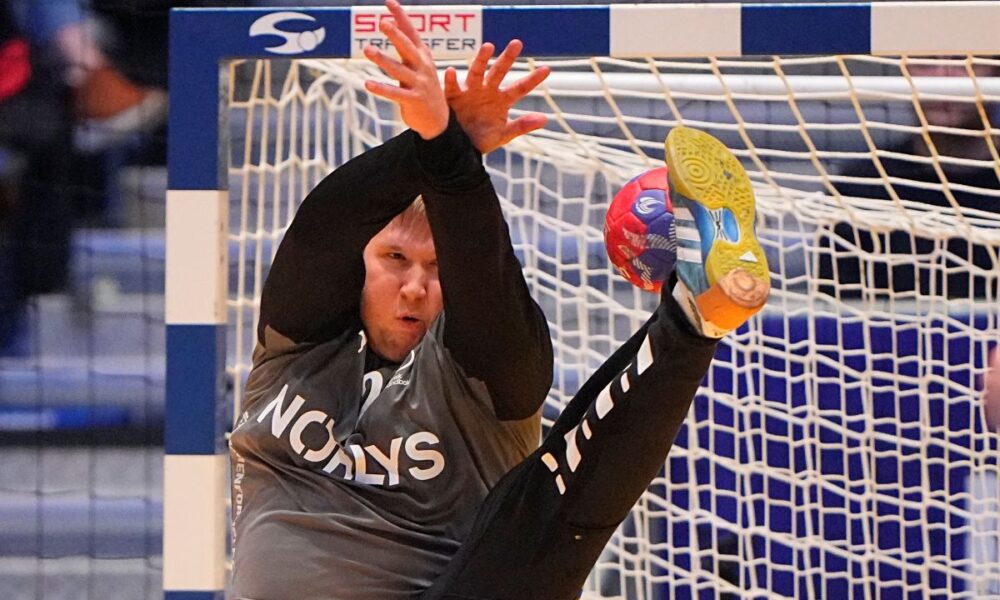 Denmark's goalkeeper Emil Nielsen makes a save during a semifinal match between Denmark and Portugal at the Handball World Championship at Unity Arena in Oslo, Norway, Friday, Jan. 31, 2025. (Bo Amstrup/Ritzau Scanpix via AP)