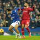 Liverpool's Mohamed Salah, right, challenges for the ball with Everton's Iliman Ndiaye during the English Premier League soccer match between Everton and Liverpool, Liverpool, England, Wednesday, Feb.12, 2025. (AP Photo/Dave Thompson)