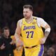 Los Angeles Lakers guard Luka Doncic runs during the second half of an NBA basketball game against the Utah Jazz, Monday, Feb. 10, 2025, in Los Angeles. (AP Photo/Mark J. Terrill)