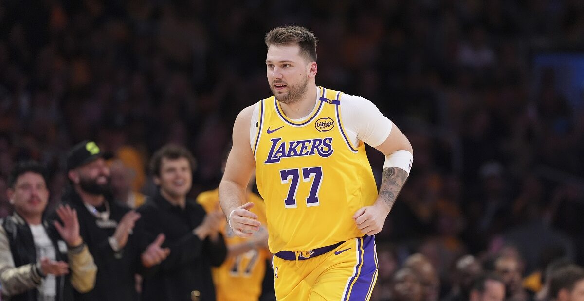 Los Angeles Lakers guard Luka Doncic runs during the second half of an NBA basketball game against the Utah Jazz, Monday, Feb. 10, 2025, in Los Angeles. (AP Photo/Mark J. Terrill)