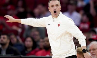 Toronto Raptors head coach Darko Rajaković yells from the sideline during the first half of an NBA basketball game against the Houston Rockets, Sunday, Feb. 9, 2025, in Houston. (AP Photo/Eric Christian Smith)