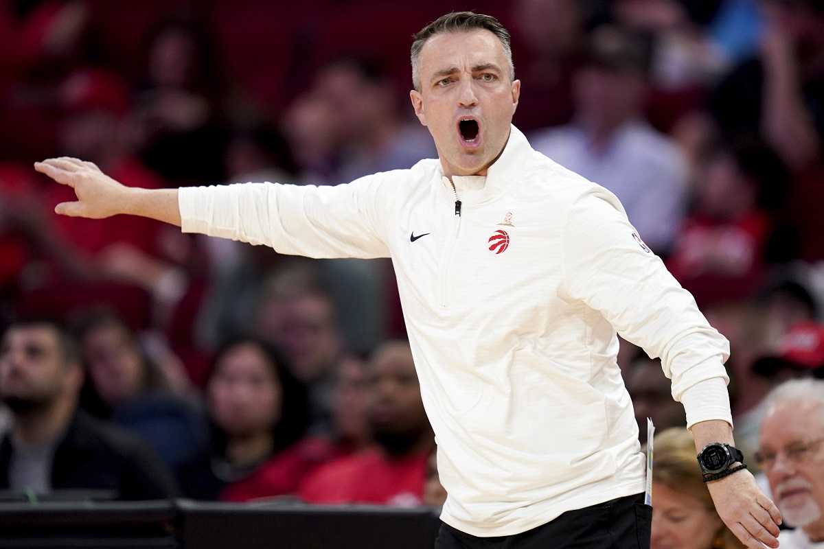 Toronto Raptors head coach Darko Rajaković yells from the sideline during the first half of an NBA basketball game against the Houston Rockets, Sunday, Feb. 9, 2025, in Houston. (AP Photo/Eric Christian Smith)