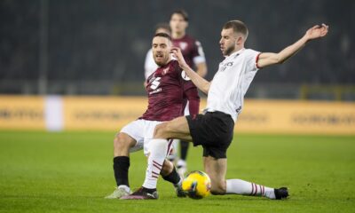 Torino's Nikola Vlasic during the Italian Serie A soccer match between Torino and AC Milan the Stadio Olimpico Grande Torino in Turin, north west Italy, Saturday, Feb. 22, 2025. (Fabio Ferrari/LaPresse via AP)