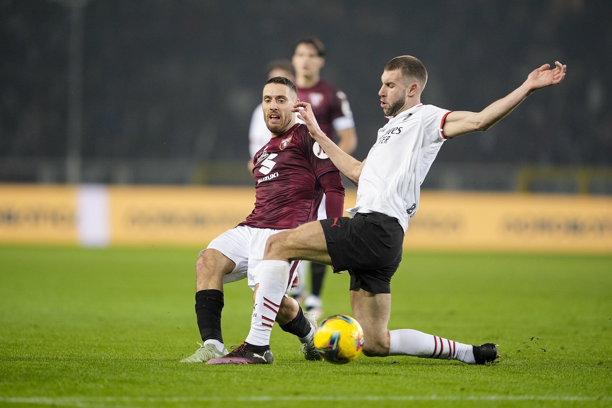 Torino's Nikola Vlasic during the Italian Serie A soccer match between Torino and AC Milan the Stadio Olimpico Grande Torino in Turin, north west Italy, Saturday, Feb. 22, 2025. (Fabio Ferrari/LaPresse via AP)