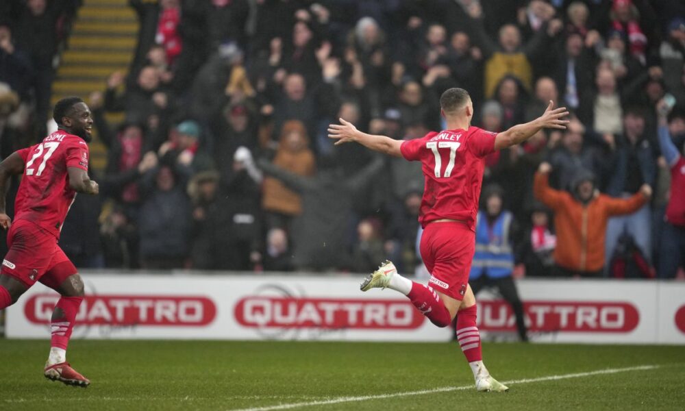 Leyton Orient's Jamie Donley celebrate during the English FA Cup fourth round soccer match between Leyton Orient and Manchester City at the Gaughan Group Stadium in London, England, Saturday, Feb. 8, 2025. (AP Photo/Kin Cheung)