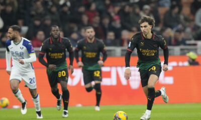 AC Milan's Joao Felix takes there ball forward during the Italian Serie A soccer match between AC Milan and Hellas Verona, at the San Siro Stadium in Milan, Italy, Saturday, Feb.15, 2025. (AP Photo/Luca Bruno)