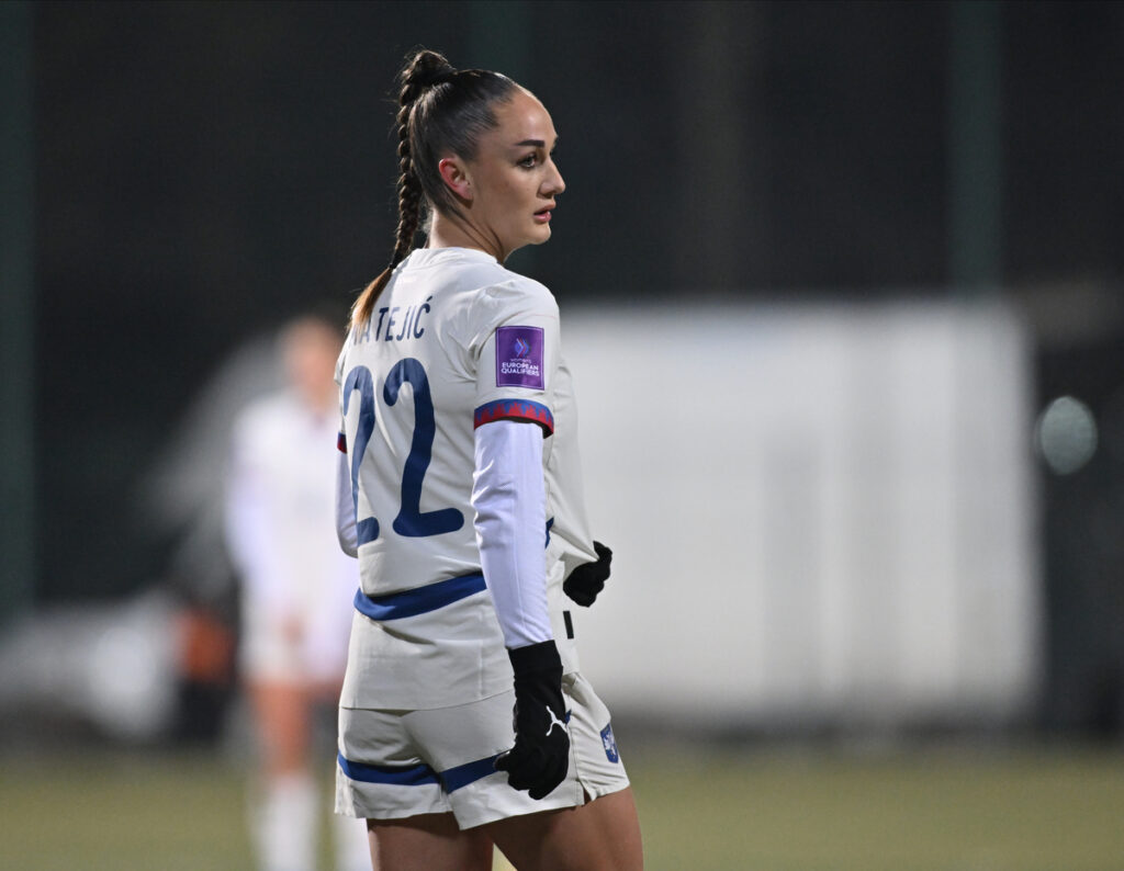 NINA MATEJIC, fudbalerka Srbije, na utakmici Lige nacija protiv Finske, u SC FSS. Stara Pazova, 21.02.2025. foto: Marko Metlas Fudbal, UEFA Liga nacija, Srbija, Zene