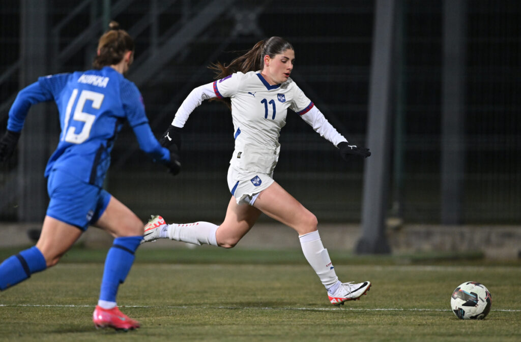 SARA STOKIC, fudbalerka Srbije, na utakmici Lige nacija protiv Finske, u SC FSS. Stara Pazova, 21.02.2025. foto: Marko Metlas Fudbal, UEFA Liga nacija, Srbija, Zene