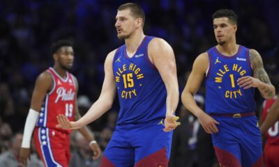 Denver Nuggets' Nikola Jokic reacts after scoring during the second half of an NBA basketball game against the Philadelphia 76ers, Friday, Jan. 31, 2025, in Philadelphia. (AP Photo/Matt Slocum)