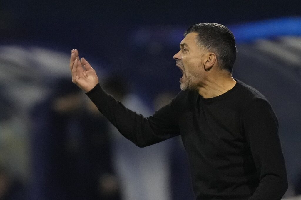 AC Milan's head coach Sergio Conceicao follows the game of a Champions League soccer match between Dinamo Zagreb and AC Milan at Maksimir stadium in Zagreb, Croatia, Wednesday, Jan. 29, 2025. (AP Photo/Darko Bandic)