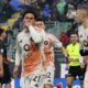 Roma's Paulo Dybala celebrates after scoring their side's first goal of the game during the Italian Serie A soccer match between Venezia and Roma at the Pier Luigi Penzo Stadium, in Venice, Italy, Sunday Feb. 9, 2025. (Paola Garbuio/LaPresse via AP)