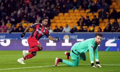 Fulham's Ryan Sessegnon scores their side's first goal of the game during the English Premier League soccer match between Wolverhampton Wanderers and Fulham at Molineux Stadium, Wolverhampton, England, Tuesday, Feb. 25, 2025. (Jacob King/PA via AP)