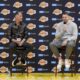 Los Angeles Lakers' Luka Doncic speaks next to general manager Rob Pelinka during an introductory NBA basketball press conference Tuesday, Feb. 4, 2025, in El Segundo, Calif. (AP Photo/Jae C. Hong)