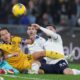 Udinese's Florian Thauvin, centre left, challenges for the ball during the Serie A soccer match between Lazio and Udinese at the Rome's Olympic stadium, Italy, Monday, March 10, 2025. (Alfredo Falcone/LaPresse via AP)