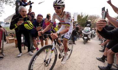 Tadej Pogačar riding for the UAE Team Emirates during the 19th edition of the Strade Bianche (White Roads) a 213 km one day race from Siena, Italy, Saturday March 8, 2025. ( Fabio Ferrari/LaPresse via AP)