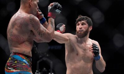 Magomed Ankalaev hits Alex Pereira during a UFC 313 mixed martial arts light heavyweight title bout Saturday, March 8, 2025, in Las Vegas. (AP Photo/John Locher)