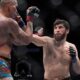 Magomed Ankalaev hits Alex Pereira during a UFC 313 mixed martial arts light heavyweight title bout Saturday, March 8, 2025, in Las Vegas. (AP Photo/John Locher)