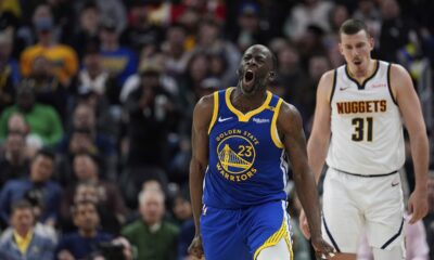 Golden State Warriors forward Draymond Green (23) reacts during the second half of an NBA basketball game against the Denver Nuggets, Monday, March 17, 2025, in San Francisco. (AP Photo/Godofredo A. Vásquez)