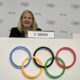 Kirsty Coventry laughs during a press conference after she was elected as the new IOC President at the International Olympic Committee 144th session in Costa Navarino, western Greece, Thursday, March 20, 2025. (AP Photo/Thanassis Stavrakis)