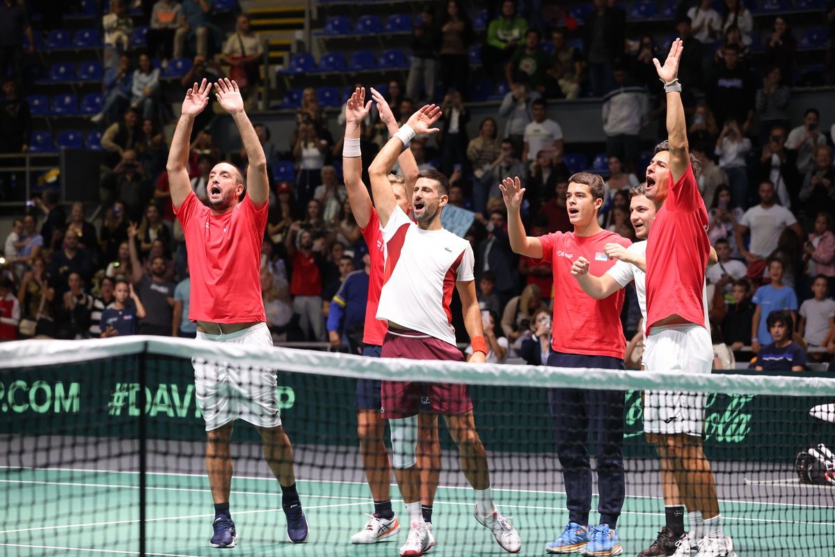 VIKTOR TROICKI, HAMAD MEDJEDOVIC, NOVAK DJOKOVIC, MIOMIR KECMANOVIC i ILIJA BOZOLJAC na treningu Dejvis kup reprezentacije Srbije u hali Aleksandar Nikolic pred mec sa Grckom, Beograd 13.09.2024. godine Foto: MN PRESS TENIS, TENNIS, DEJVIS KUP, DAVIS CUP, SRBIJA, SERBIA, GRCKA, GREECE
