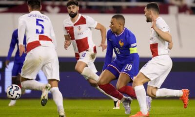 France's Kylian Mbappe loses the ball during the UEFA Nations League quarterfinal soccer match between Croatia and France, at the Poljud stadium in Split, Croatia, Thursday, March 20, 2025. (AP Photo/Darko Bandic)