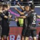 Union Berlin's Leopold Querfeld, 3rd left, celebrates scoring with teammates during the German Bundesliga soccer match between Eintracht Frankfurt and 1. FC Union Berlin at Deutsche Bank Park, in Frankfurt, Germany, Sunday, March 9, 2025. (Arne Dedert/dpa via AP)