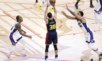 Golden State Warriors' Stephen Curry hits a 3-pointer, the 4000th of his career, in 3rd quarter against Sacramento Kings during NBA game at Chase Center in San Francisco on Thursday, March 13, 2025. (Scott Strazzante/San Francisco Chronicle via AP)