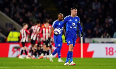 Leicester City's Jamie Vardy reacts after they conceded a second goal to Brentord during the Premier League soccer match at the King Power Stadium in Leicester, England, Friday, Feb. 21, 2025. (Mike Egerton/PA via AP)