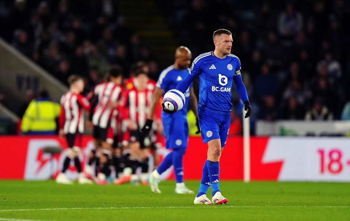 Leicester City's Jamie Vardy reacts after they conceded a second goal to Brentord during the Premier League soccer match at the King Power Stadium in Leicester, England, Friday, Feb. 21, 2025. (Mike Egerton/PA via AP)