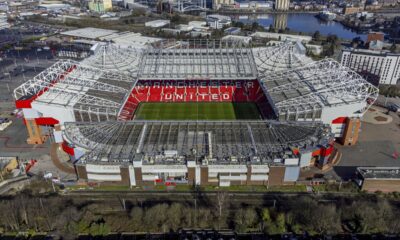 FILE - Aerial photo of the Old Trafford stadium, home of Manchester United in Manchester, England, March 27, 2023. (Peter Byrne/PA via AP, File)