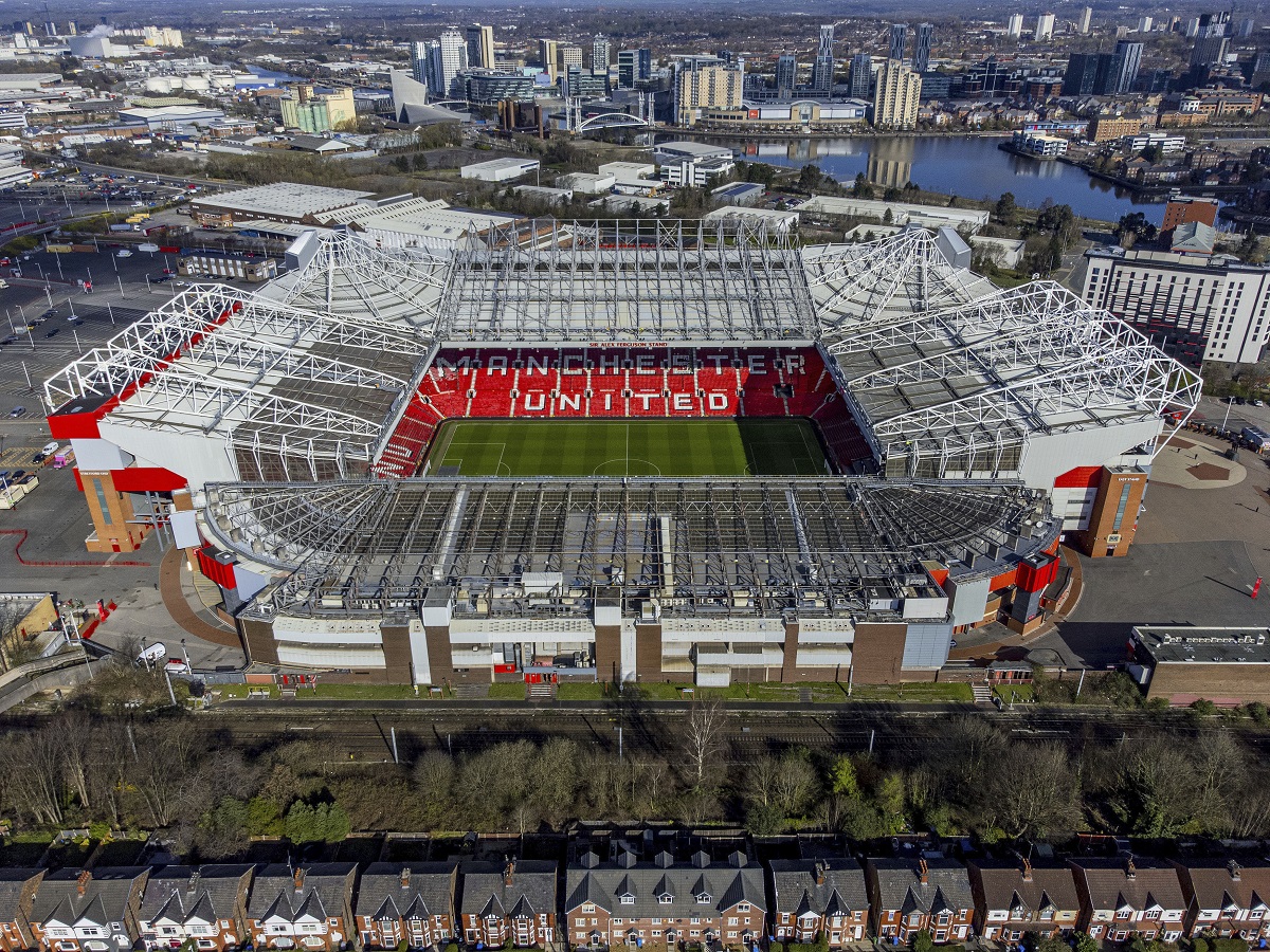 FILE - Aerial photo of the Old Trafford stadium, home of Manchester United in Manchester, England, March 27, 2023. (Peter Byrne/PA via AP, File)