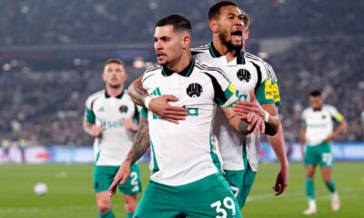 Newcastle United's Bruno Guimaraes celebrates scoring during the English Premier League match between West Ham and Newcastle United at the London Stadium, London, Monday March 10, 2025. (Zac Goodwin/PAvia AP)