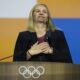 Kirsty Coventry reacts after she was announced as the new IOC President at the International Olympic Committee 144th session in Costa Navarino, western Greece, Thursday, March 20, 2025. (AP Photo/Thanassis Stavrakis)