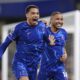 Chelsea's Levi Colwill, left, celebrates scoring their side's third goal of the game with teammate Christopher Nkunku during the English Premier League soccer match between Chelsea and Southampton at Stamford Bridge, London, Tuesday, Feb. 25, 2025. (John Walton/PA via AP)