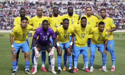 Gabon national team players pose for a photo ahead of the World Cup group F qualifying soccer match between Kenya and Gabon at the Nyayo national stadium in Nairobi, Kenya, Sunday March 23, 2025. (AP Photo/Brian Inganga)