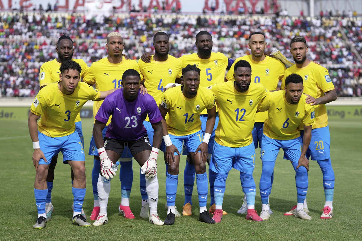 Gabon national team players pose for a photo ahead of the World Cup group F qualifying soccer match between Kenya and Gabon at the Nyayo national stadium in Nairobi, Kenya, Sunday March 23, 2025. (AP Photo/Brian Inganga)