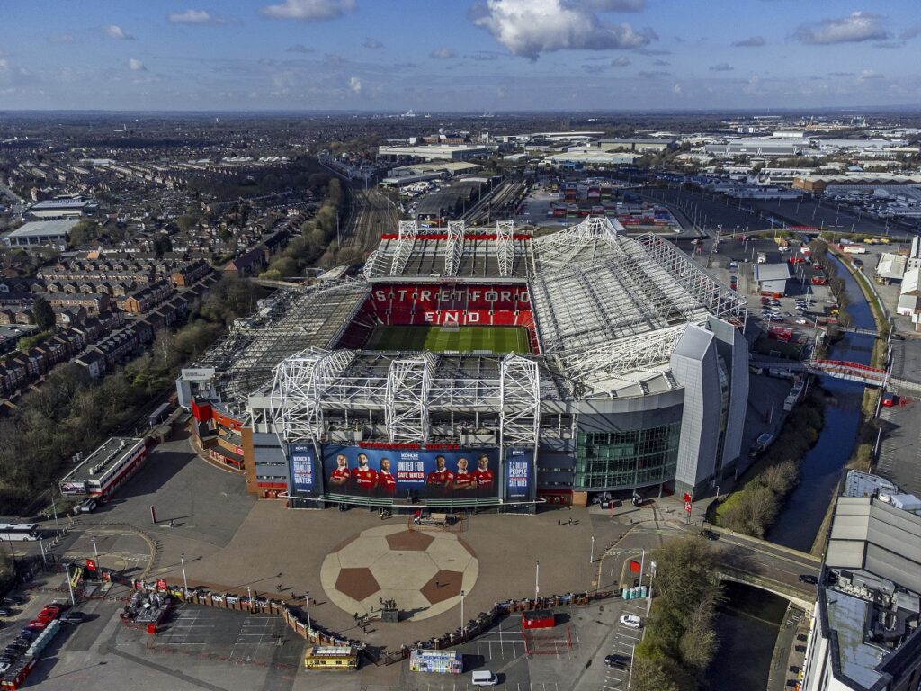 FILE - Aerial photo of the Old Trafford stadium, home of Manchester United, in Manchester, England, March 27, 2023. (Peter Byrne/PA via AP, File)