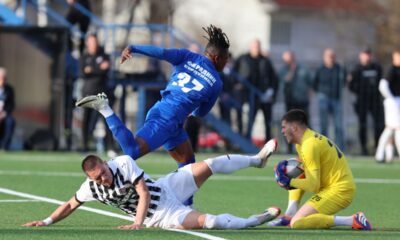 DUSAN JOVANOVIC, fudbaler Partizana, na kup utakmici protiv Radnika, i SADICK ABUBAKAR i STEFAN ILIC golman, na Gradskom stadionu. Surdulica, 12.03.2025. foto: MN Press / mi Fudbal, Kup Srbije, Radnik Surdulica, Partizan