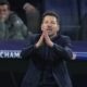 Atletico Madrid's head coach Diego Simeone gestures during the Champions League round of 16 first leg soccer match between Real Madrid and Atletico Madrid at the Bernebeu stadium in Madrid, Spain, Tuesday, March 4, 2025. (AP Photo/Manu Fernandez)