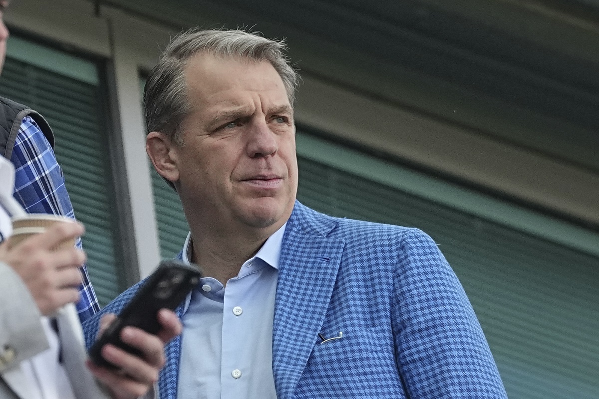 Chelsea joint owner and Chairman Todd Boehly watches from the stands prior to the start of the English Premier League soccer match between Chelsea and Leicester City, at the Stamford Bridge stadium in London, Sunday, March 9, 2025. (AP Photo/Dave Shopland)