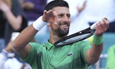 Novak Djokovic, of Serbia, gestures after winning his match against Rinky Hijikata, of Australia, during the Miami Open tennis tournament, Friday, March 21, 2025, in Miami Gardens, Fla. (AP Photo/Lynne Sladky)