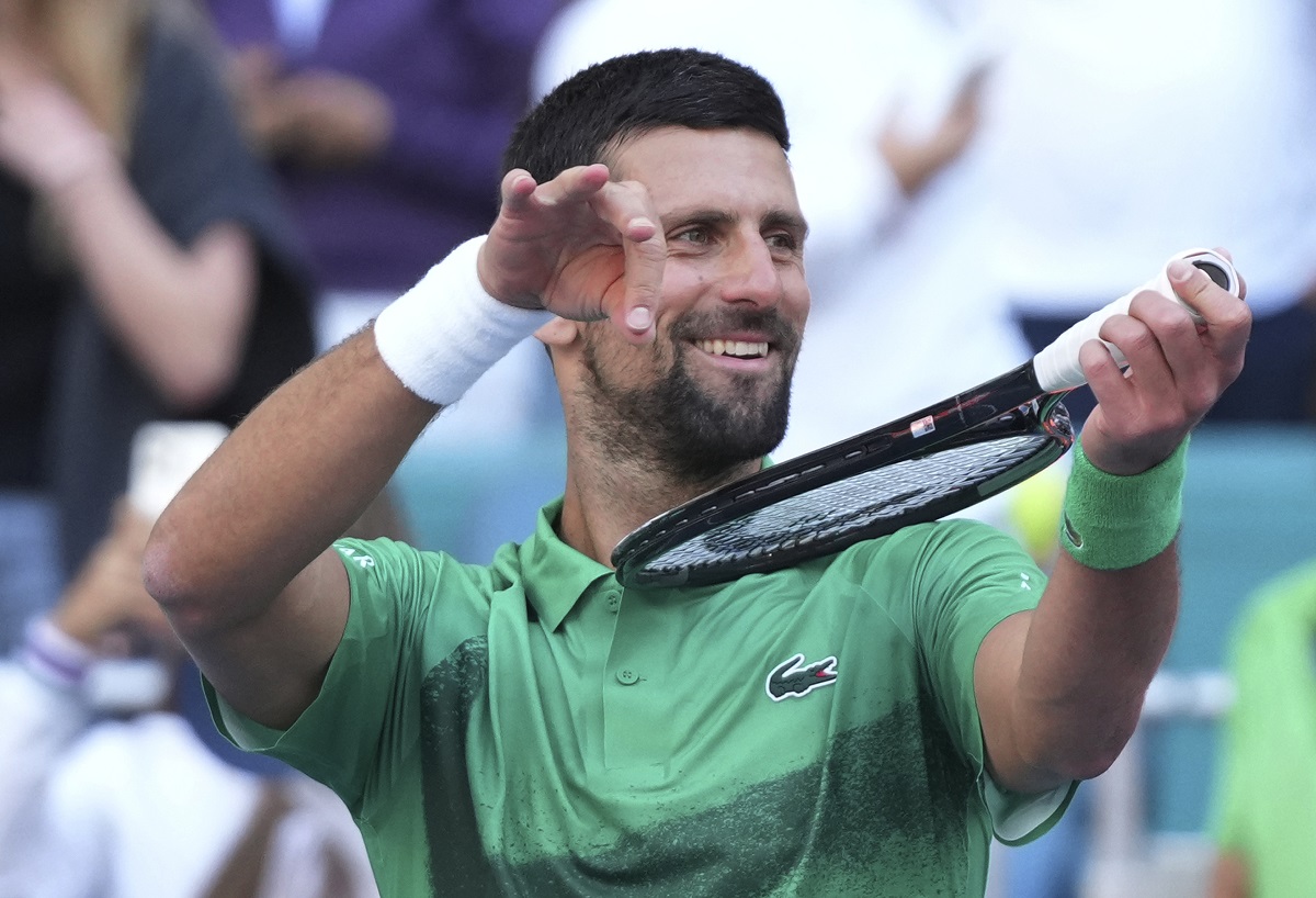 Novak Djokovic, of Serbia, gestures after winning his match against Rinky Hijikata, of Australia, during the Miami Open tennis tournament, Friday, March 21, 2025, in Miami Gardens, Fla. (AP Photo/Lynne Sladky)